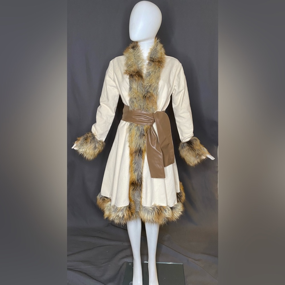 Cream Wool Swing Coat with Fur Trim and Belt